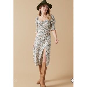 Audrey Parks Floral Midi Dress Small Puff Sleeves‎ Linen Rayon Green Cottagecore